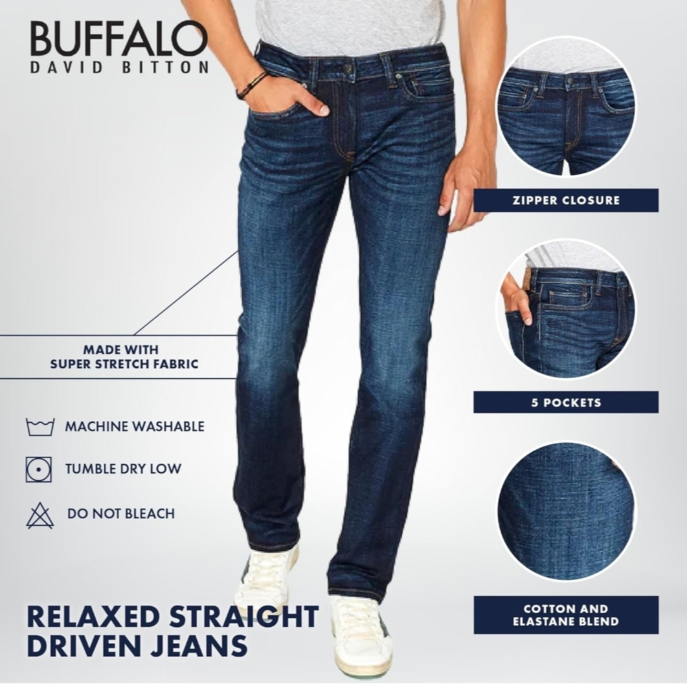 NWT Buffalo David Bitton Men's Straight Six Indigo Relaxed Jeans 36x32